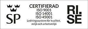 Certifierad ISO 9001 ISO 14001 ISO 45001. Ledningssystem för kvalitet, miljö och arbetsmiljö.